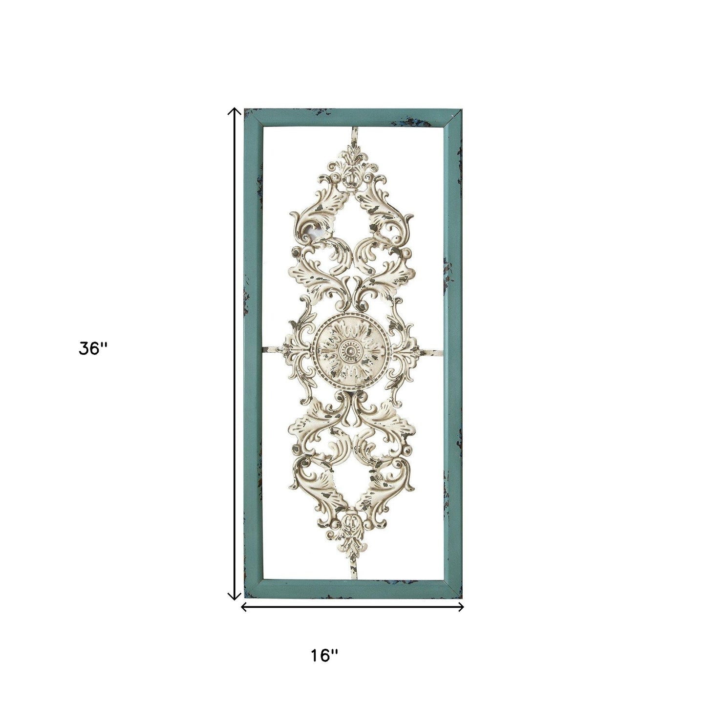 36" Teal and White Wood and Metal Distressed Panel Wall Decor