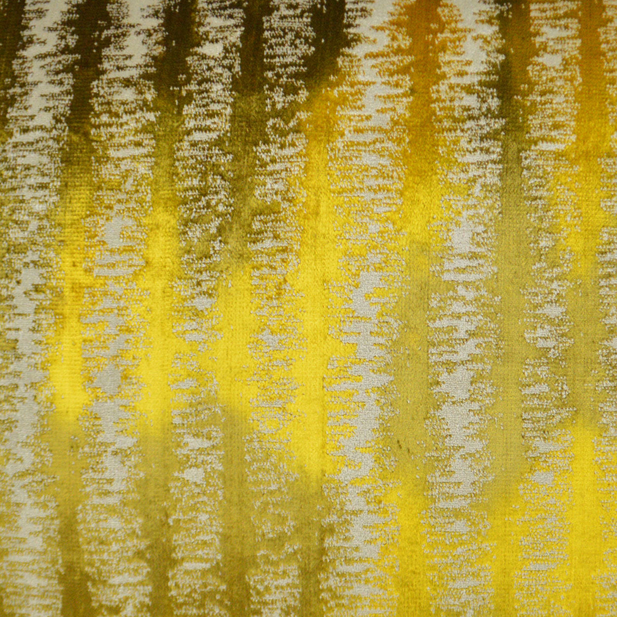 Vertical striped woven fabric in yellow, gold, brown and gray.