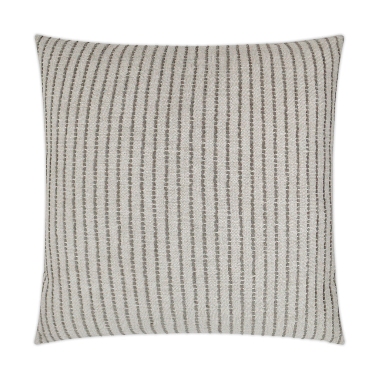 Beige square throw pillow with vertical gray dotted stripes and soft textured fabric.