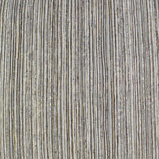 Beige and brown striped woven fabric with narrow vertical stripes and a textured upholstery look.