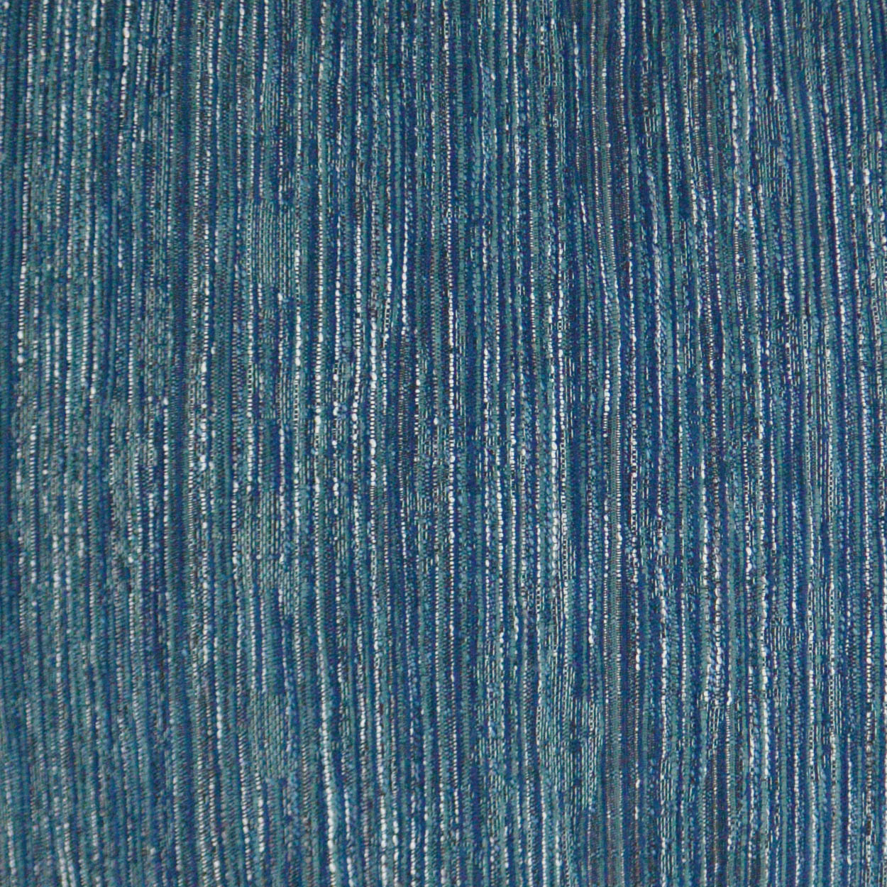 Blue striped denim-like fabric with vertical metallic threads and a shimmering textured surface.