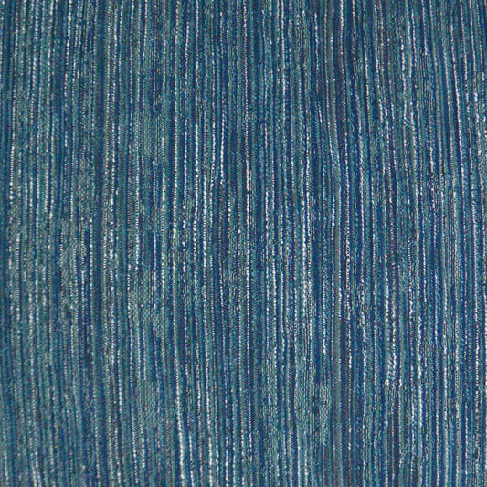 Blue striped denim-like fabric with vertical metallic threads and a shimmering textured surface.