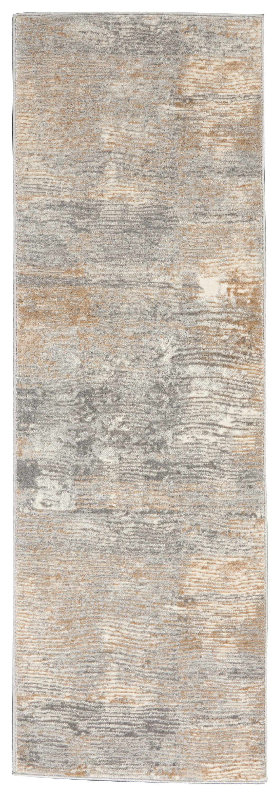 Abstract distressed gray and beige runner rug with tan accents and soft texture.