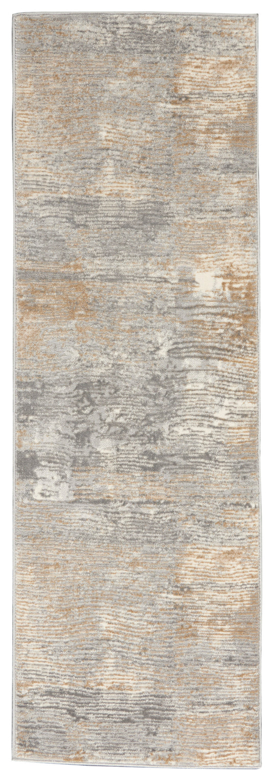 Abstract distressed gray and beige runner rug with tan accents and soft texture.