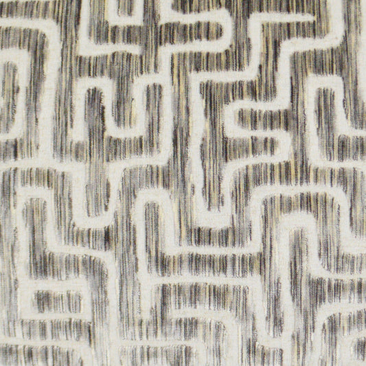 Beige fabric with a dark gray maze-like geometric pattern & abstract labyrinth motif, textile texture.