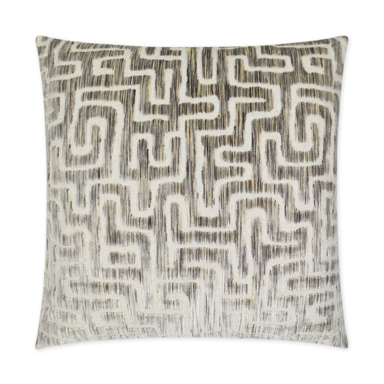 Square decorative pillow in beige-gray with an abstract maze pattern on textured fabric; ideal for sofa decor.