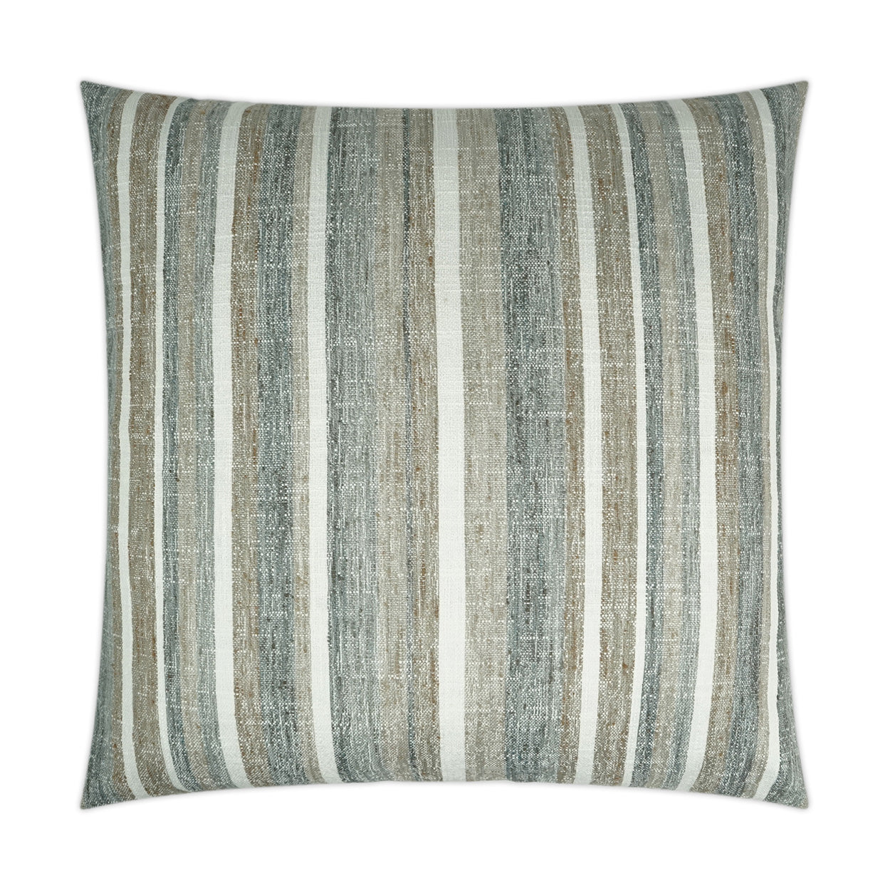 Square throw pillow with muted blue-gray, cream and beige striped woven texture
