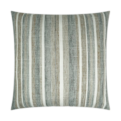 Square throw pillow with muted blue-gray, cream and beige striped woven texture