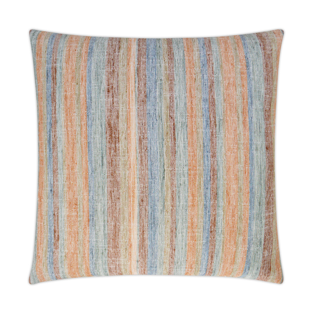 Rectangular woven pillow with vertical orange, blue, and beige stripes; textured decorative cushion.