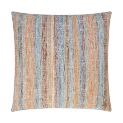 Rectangular woven pillow with vertical orange, blue, and beige stripes; textured decorative cushion.