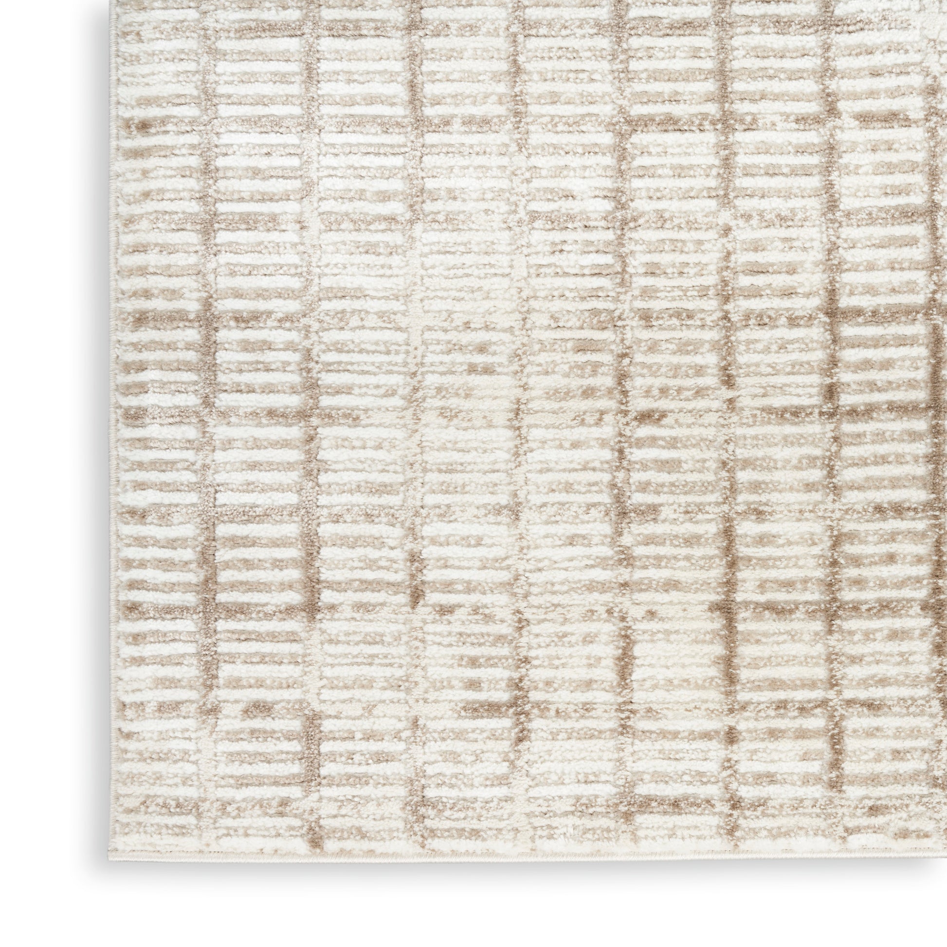 Beige cream area rug with tan grid pattern; soft textured weave, rectangular shape for living room.
