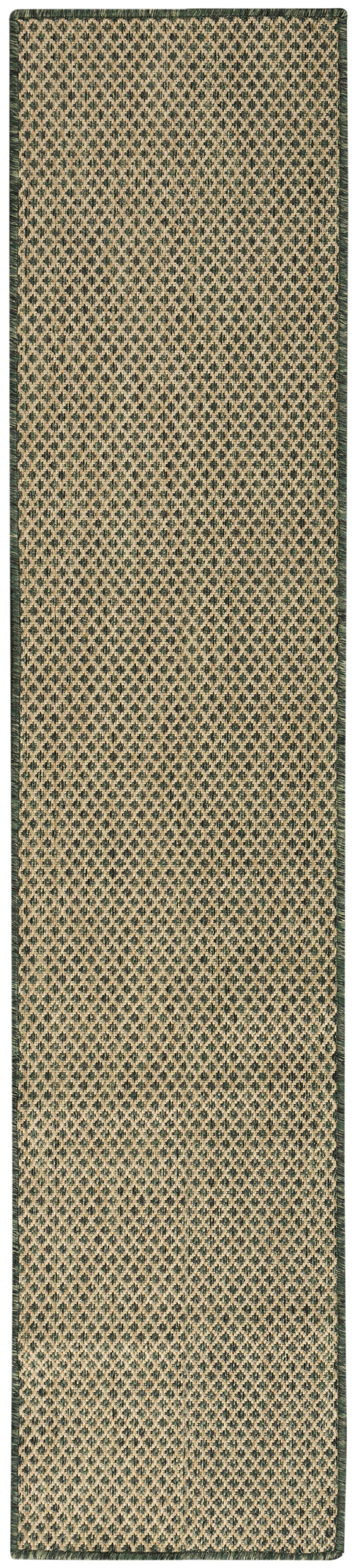 Natural beige woven jute hallway runner with dark green diamond lattice pattern and dark green border.
