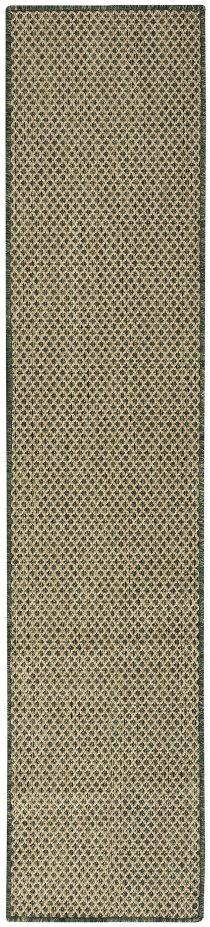 Natural beige woven jute hallway runner with dark green diamond lattice pattern and dark green border.