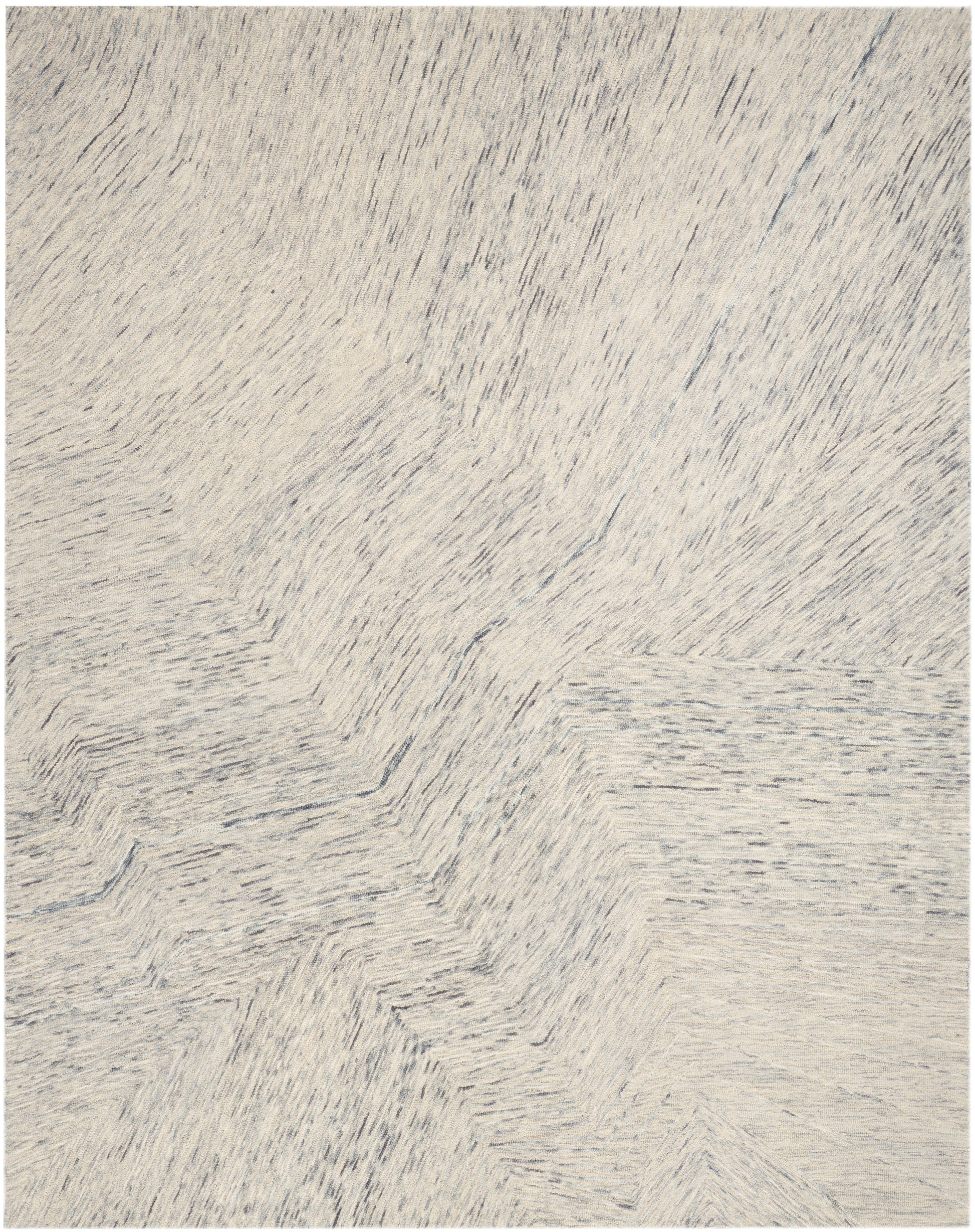Cream shag rug with soft, subtly variegated gray fibers in a plush, textured pile for cozy living spaces.