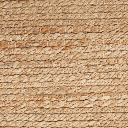 Close-up of natural jute rope weave in beige tones with braided texture, farmhouse-style rug, 3' x 5'.