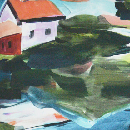 Colorful impressionist landscape print on fabric depicting a red-roofed white house among green hills and blue water.