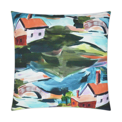 Colorful abstract landscape pillow featuring white houses with red roofs, green hills, blue water, and bridges.