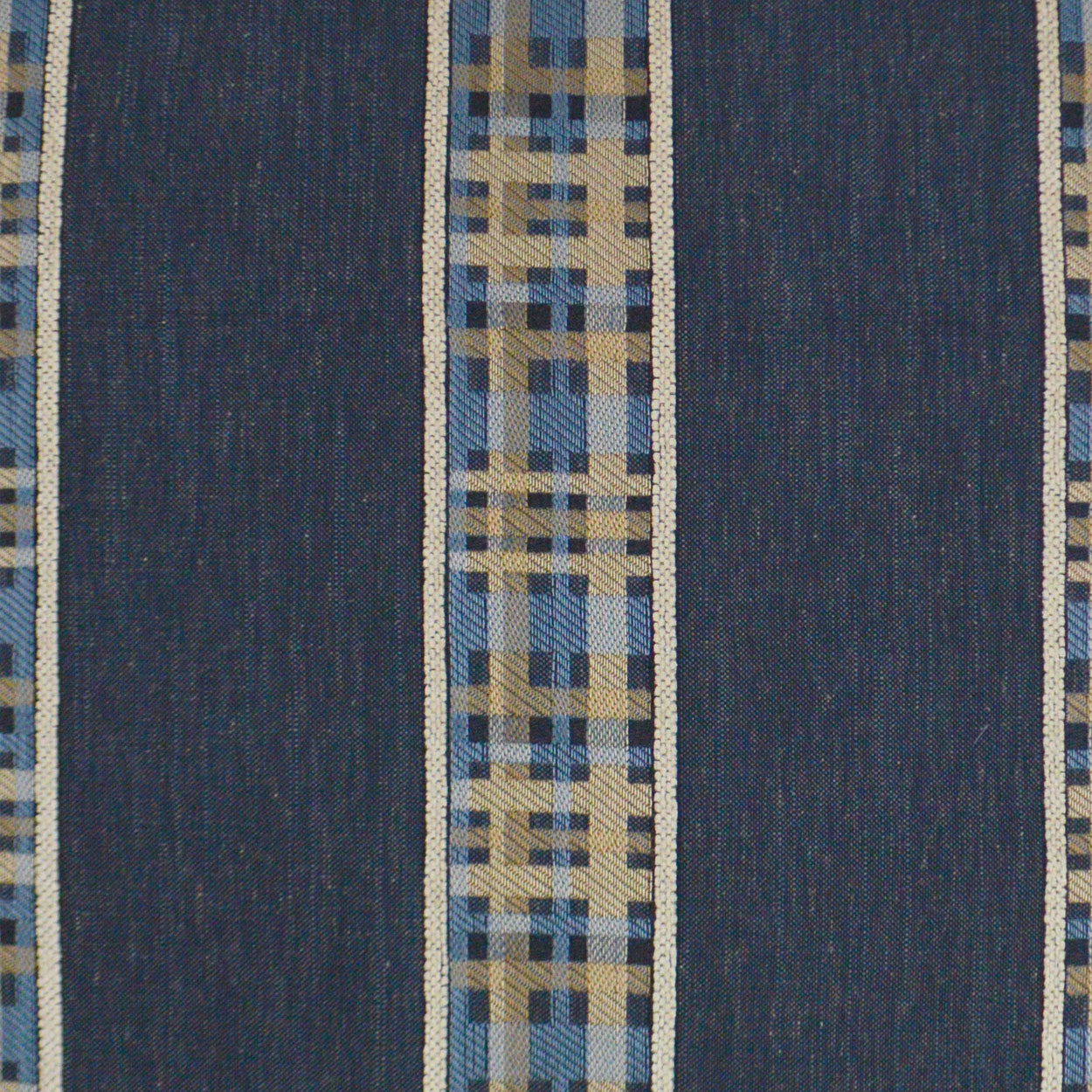Navy blue fabric with a narrow beige and light-blue vertical woven lattice stripe.