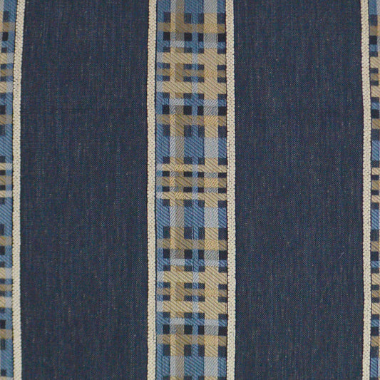 Navy blue fabric with a narrow beige and light-blue vertical woven lattice stripe.