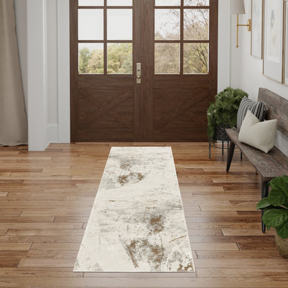 Dark wood double doors with glass panes & X-panel bottoms, beige runner rug, oak floor, bench with cushions & plants.
