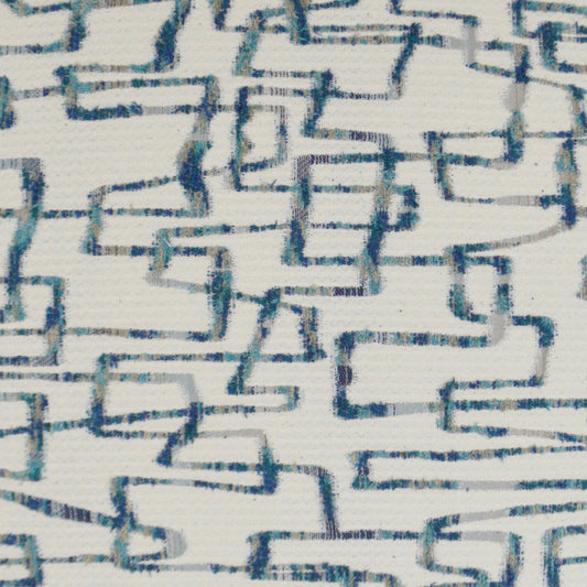 Blue geometric interlocking rectangles on white fabric; modern textile for upholstery, curtains or pillows.