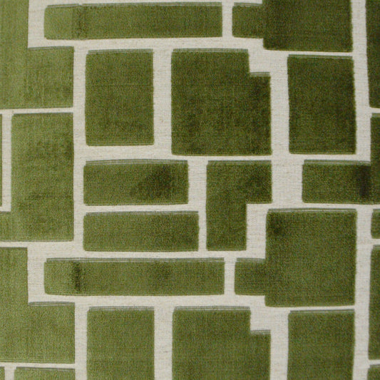 Olive-green rectangular blocks on a light background; geometric mid-century fabric.