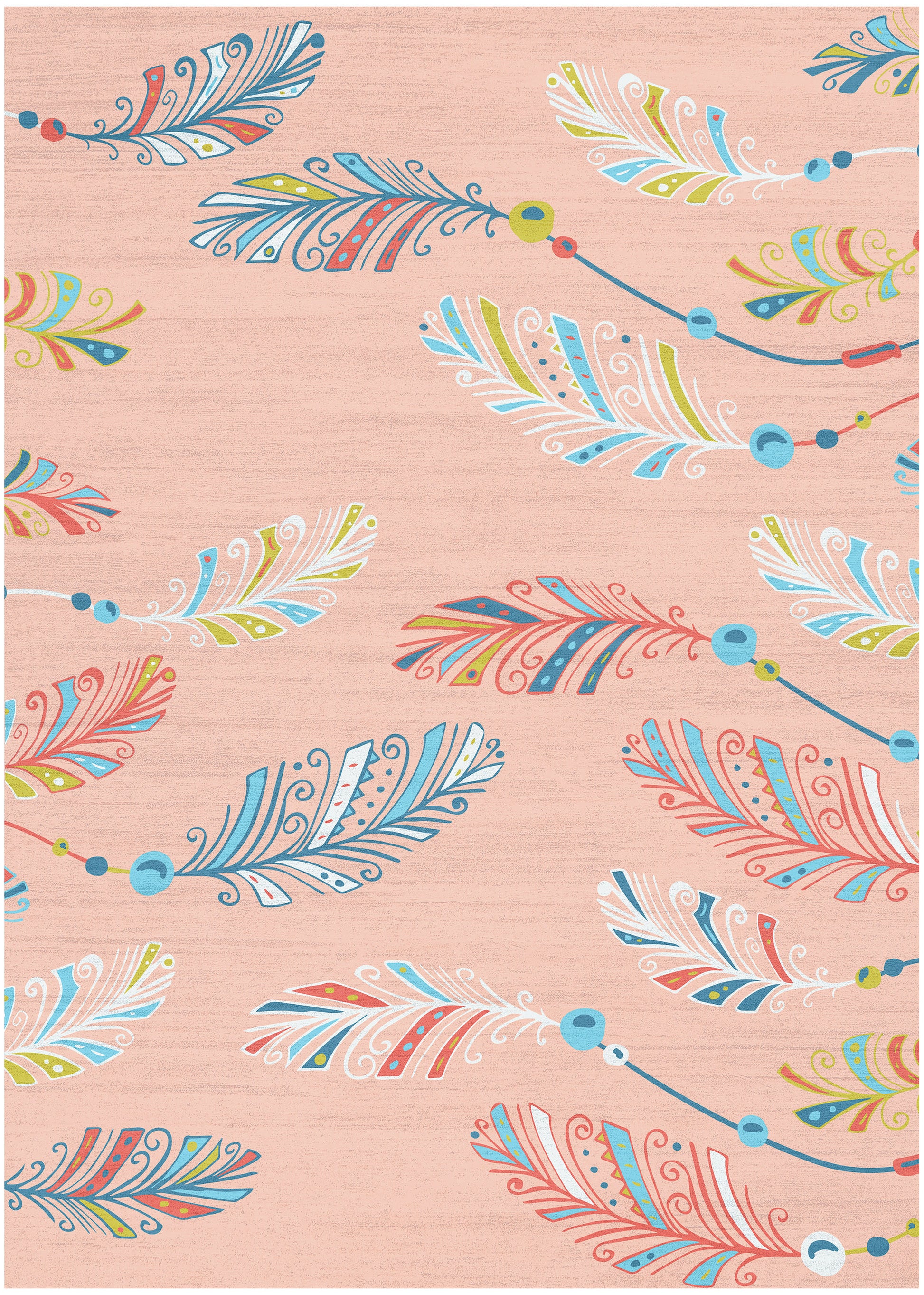 Soft pink textile with bright blue, teal, red and lime feather garlands and bead accents; boho decorative pattern.