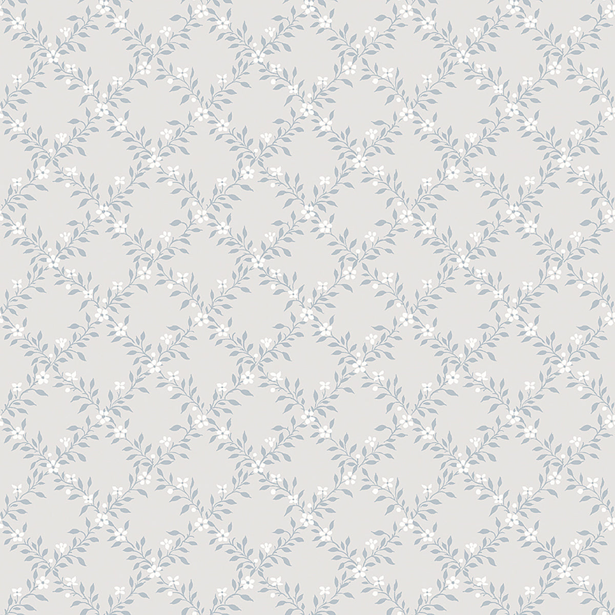 Beige wallpaper with pale blue-gray botanical lattice of vines and leaves; subtle vintage floral pattern.