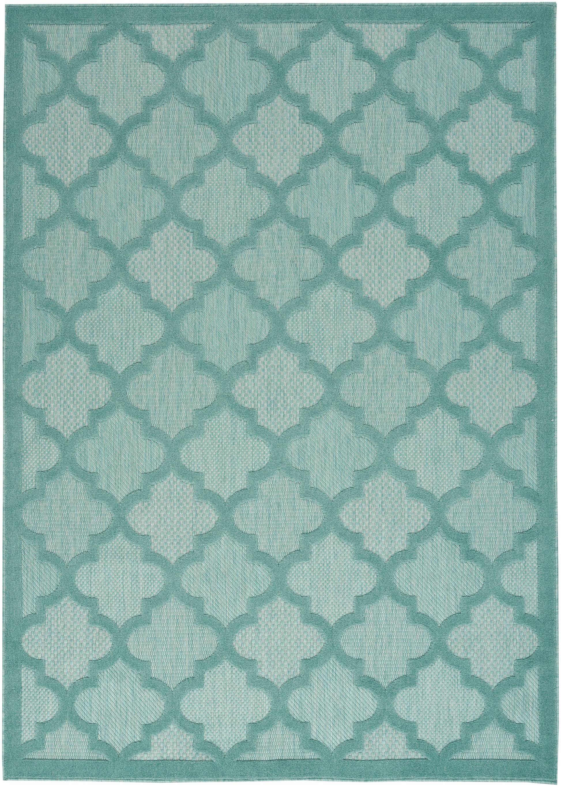 Teal Moroccan trellis area rug with darker teal lattice pattern and matching border.