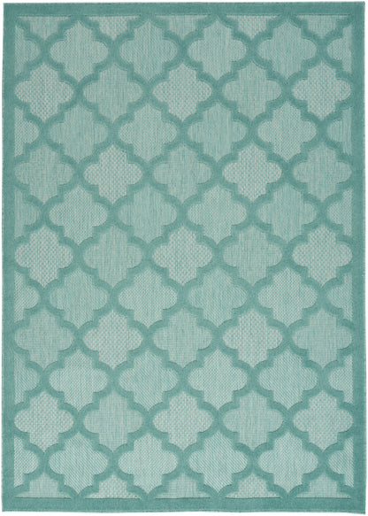 Teal Moroccan trellis area rug with darker teal lattice pattern and matching border.