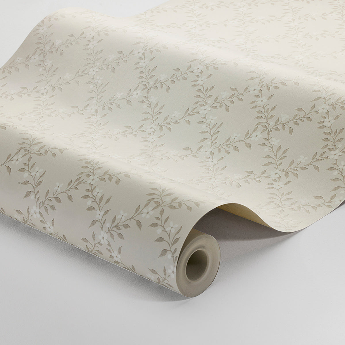 Cream wallpaper with taupe botanical vine pattern; rolled sheet, elegant classic home decor.