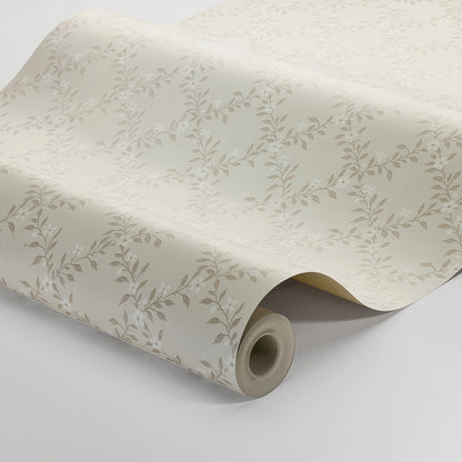 Cream wallpaper with taupe botanical vine pattern; rolled sheet, elegant classic home decor.