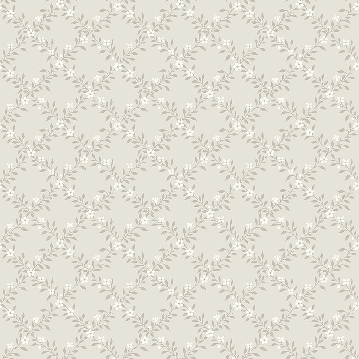 Cream-beige wallpaper with a delicate light-gray vine and leaf lattice pattern.