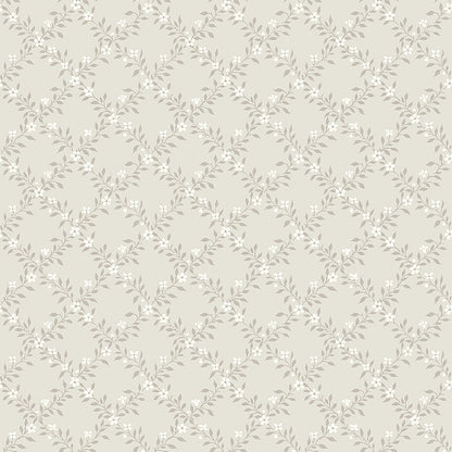 Cream-beige wallpaper with a delicate light-gray vine and leaf lattice pattern.