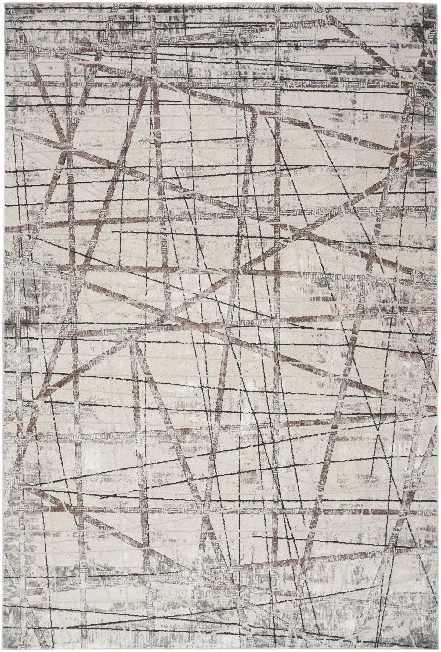 Abstract beige rug with overlapping brown-gray lines, distressed geometric pattern.