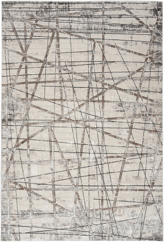 Abstract beige rug with overlapping brown-gray lines, distressed geometric pattern.