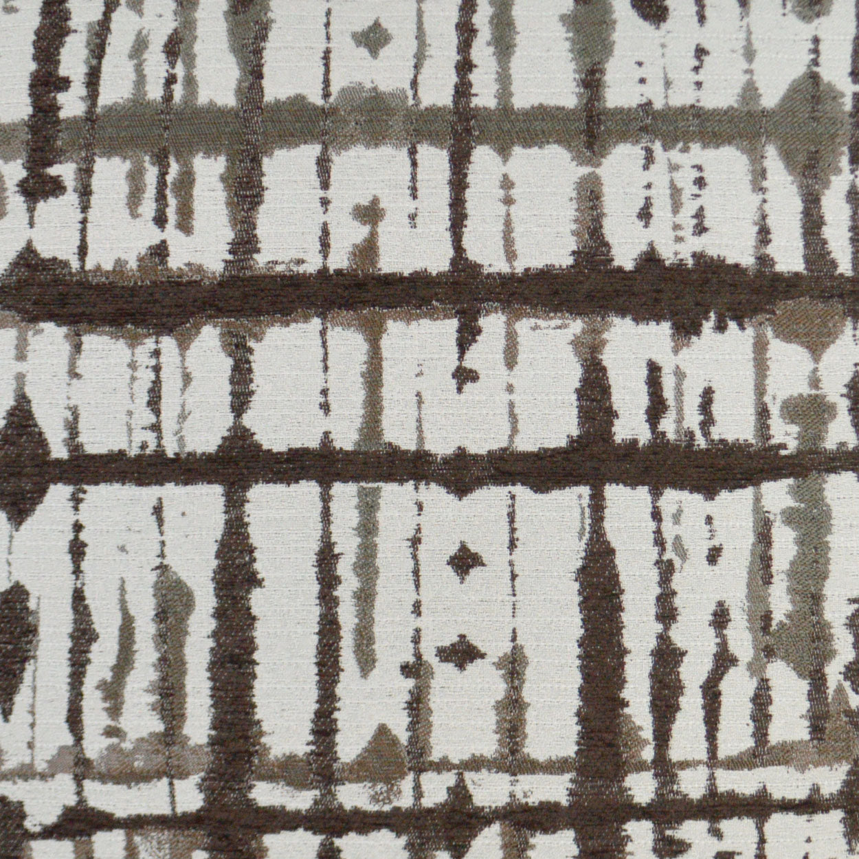 Brown and gray geometric woven fabric with vertical and horizontal stripe pattern on ivory background