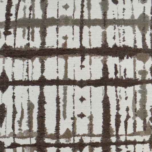 Brown and gray geometric woven fabric with vertical and horizontal stripe pattern on ivory background