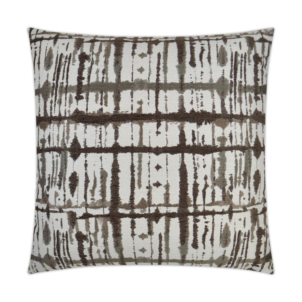 Square decorative pillow with brown & gray abstract tie-dye/ikat grid pattern on off-white fabric.