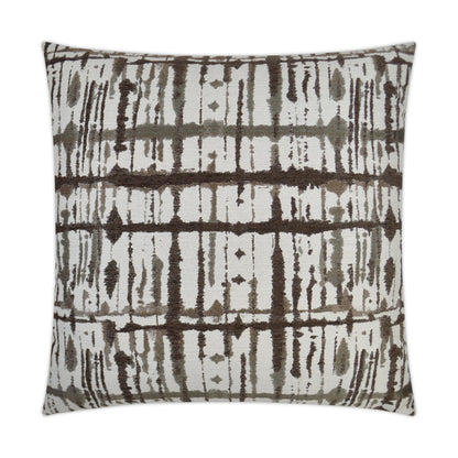 Square decorative pillow with brown & gray abstract tie-dye/ikat grid pattern on off-white fabric.