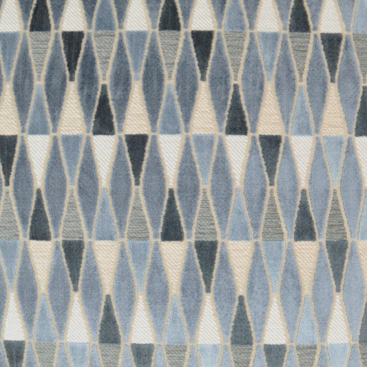 Blue-gray diamond-patterned woven fabric with cream triangles; geometric retro textile.