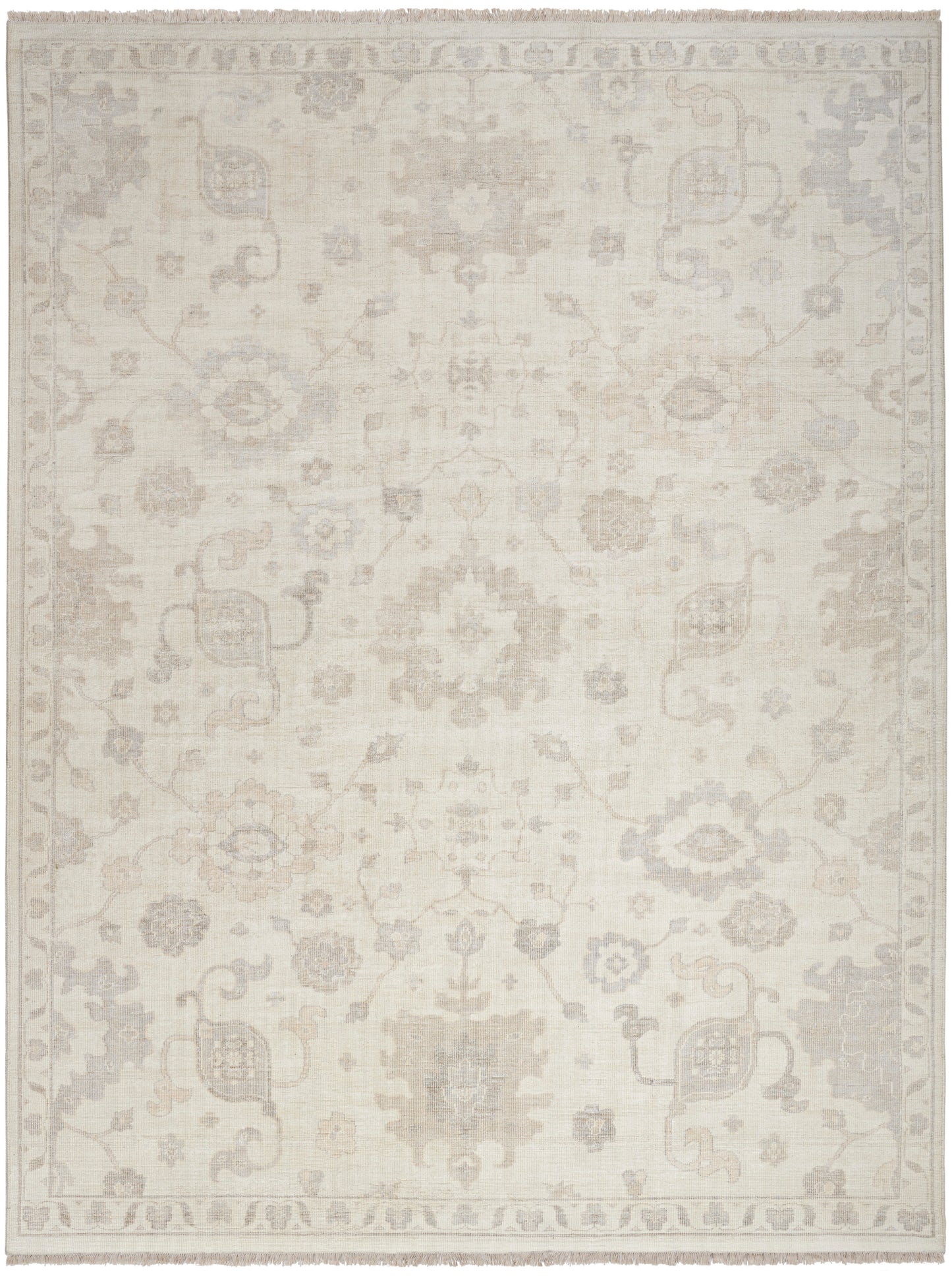 Rectangular cream-beige oriental rug with subtle faded floral medallions and a light gray border.