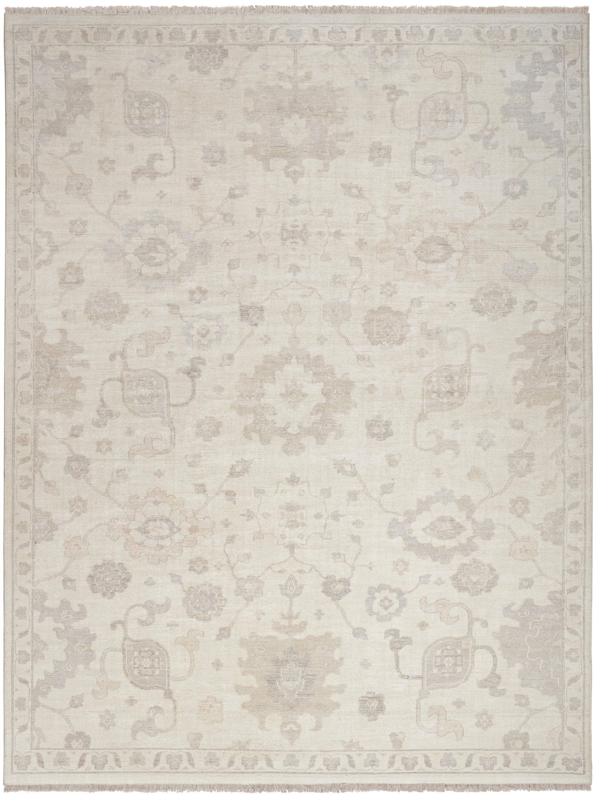 Rectangular cream-beige oriental rug with subtle faded floral medallions and a light gray border.