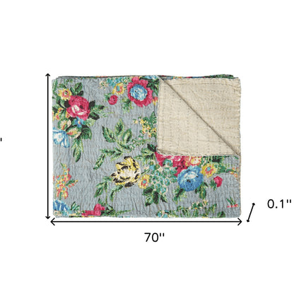 50" X 70" Pink Gray and Blue Kantha Cotton Floral Throw Blanket with Embroidery