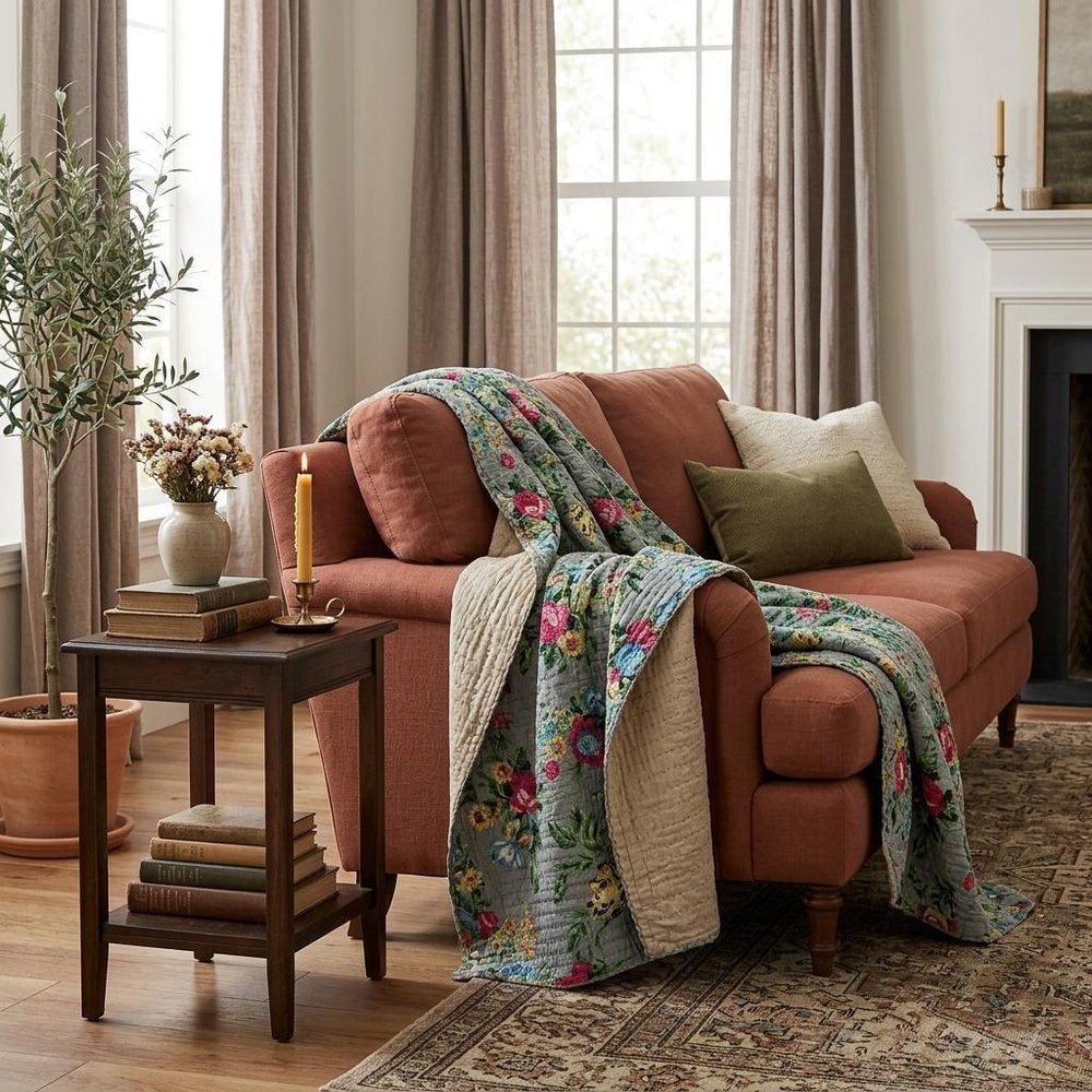 50" X 70" Pink Gray and Blue Kantha Cotton Floral Throw Blanket with Embroidery