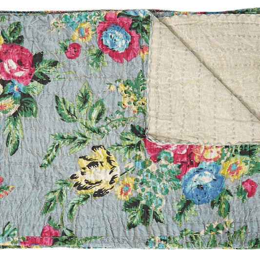50" X 70" Pink Gray and Blue Kantha Cotton Floral Throw Blanket with Embroidery