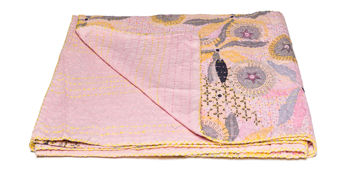 50" X 70" Gray and Pink Kantha Cotton Floral Throw Blanket with Embroidery