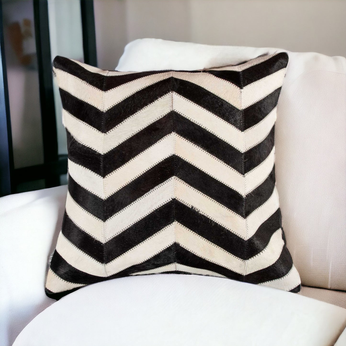 18" Black and Off White Cowhide Throw Pillow