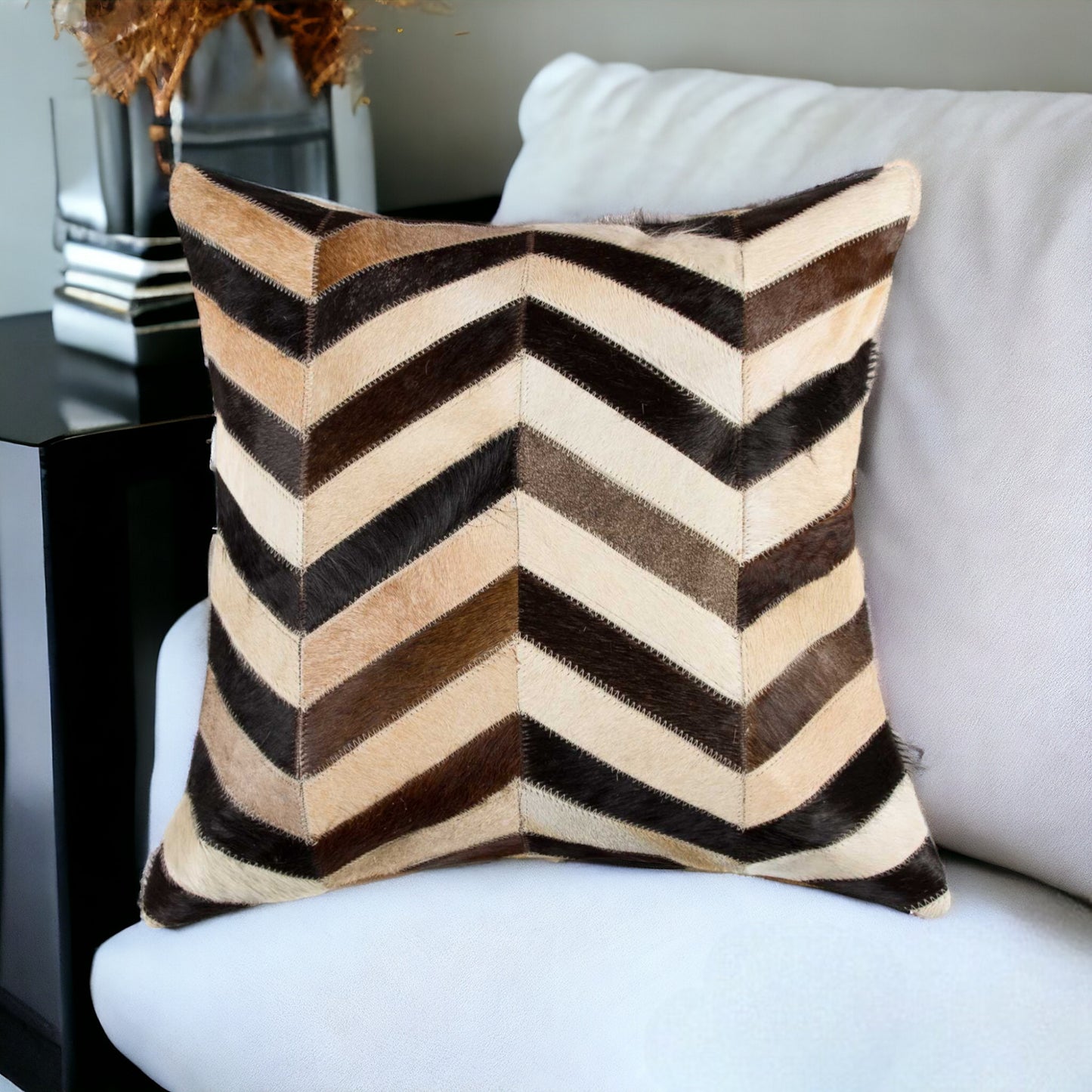 18" Brown and Black Cowhide Throw Pillow