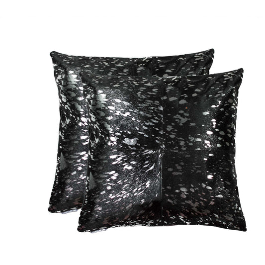 Set of Two 18" Black and Silver Cowhide Throw Pillow